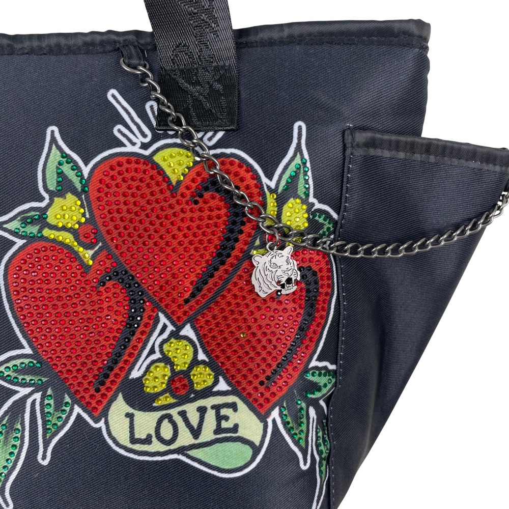 Ed Hardy Love Hearts Rhinestone Insulated Lunch Tote Bag Black Vegan New